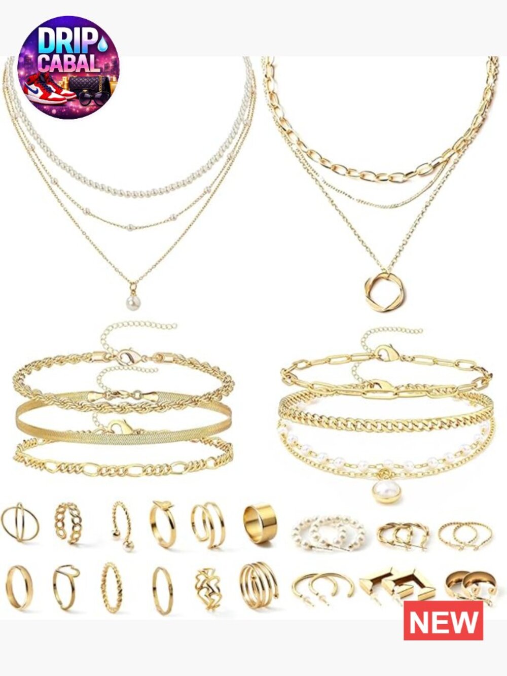30 Pcs Gold Jewelry Set with 6 Necklaces 6 Bracelets 6 Earrings 12 Knuckle